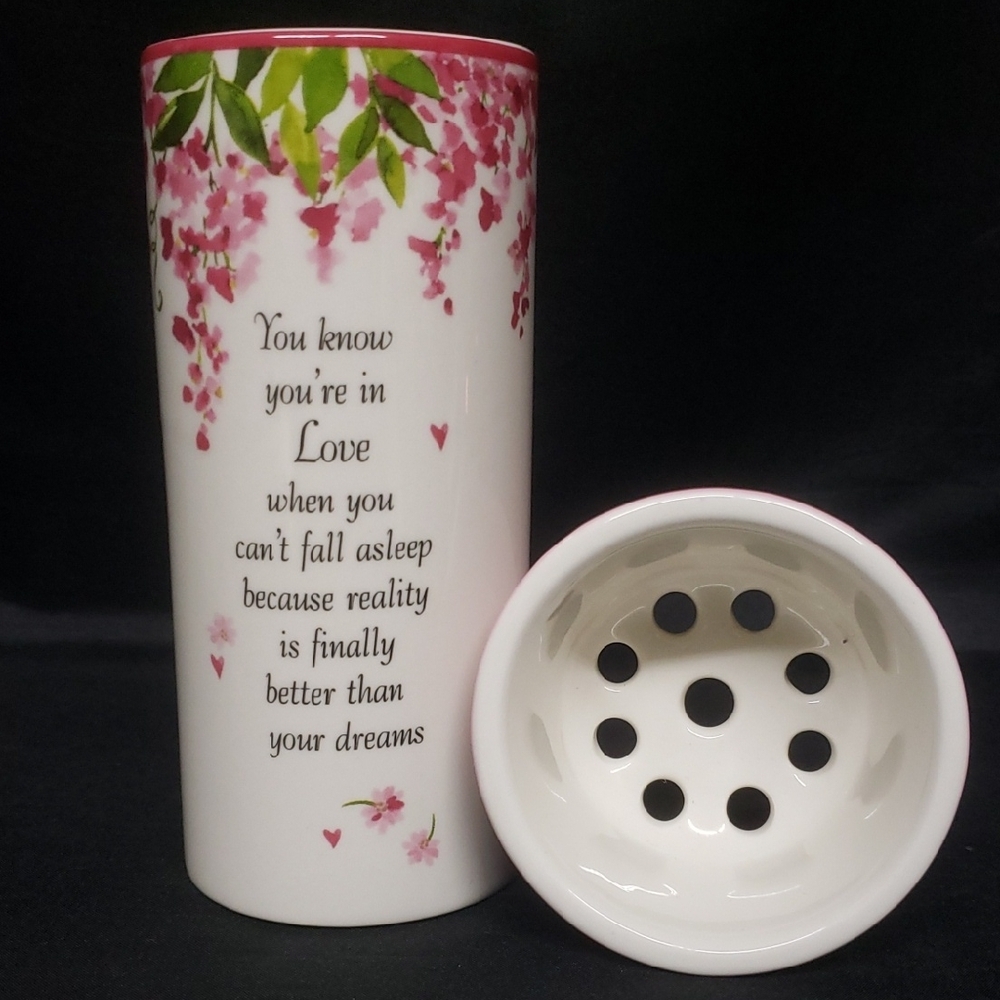 Ganz NWT Floral Ceramic Vase with Arranger and Love Quote, Pink & Ivory
